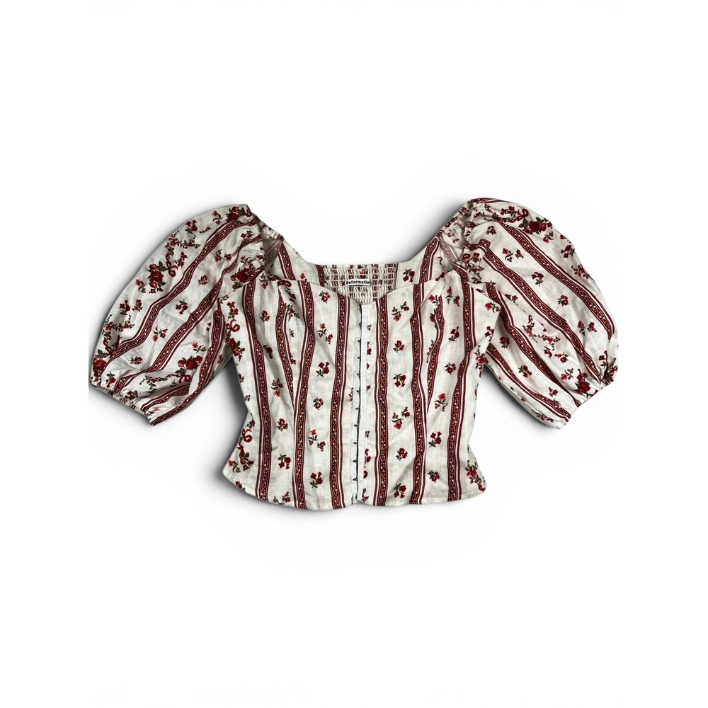 Reformation Romi Striped Floral Corset Puff Sleeve Square Neck Hook and Eye SZ 6